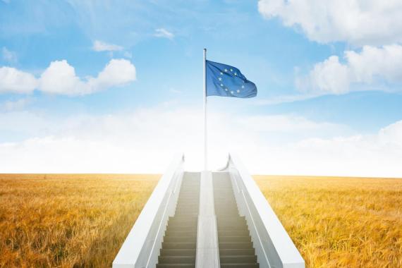 un escalier dans les champs avec un drapeau européen
